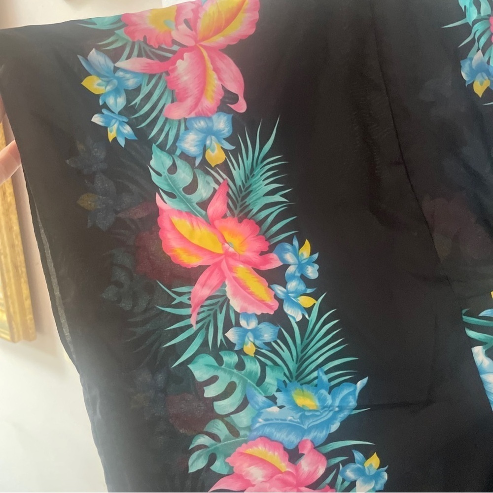 Vintage Tropical Eve Hawaii Muu Muu Kaftan Maxi Dress Black Floral Kimono OS - Picture 5 of 6